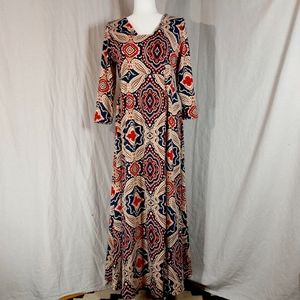Reborn Navy Red Cream Patterned Maxi Dress